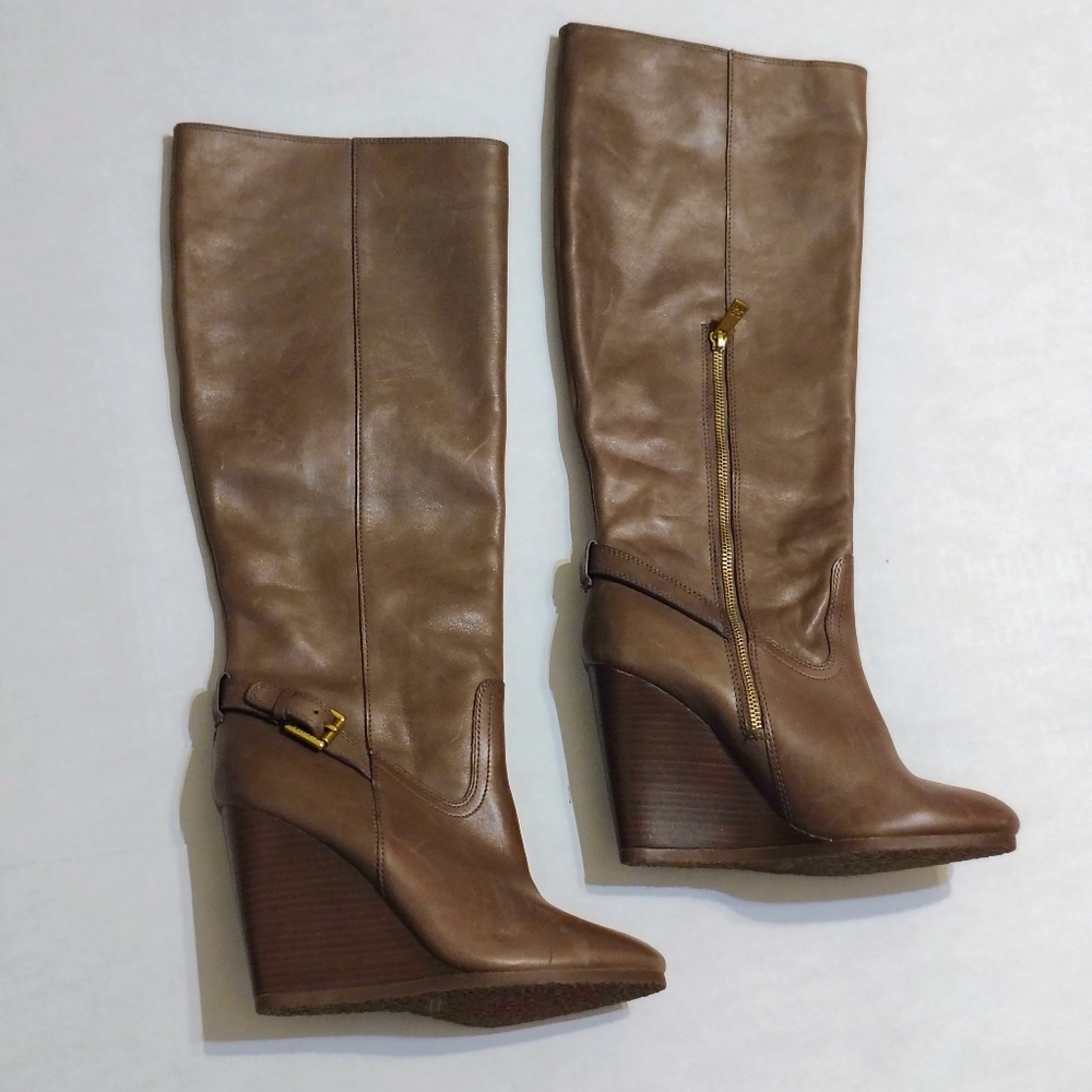 Coach "Dorthy" Tan Leather Wedge Boots Size 10B